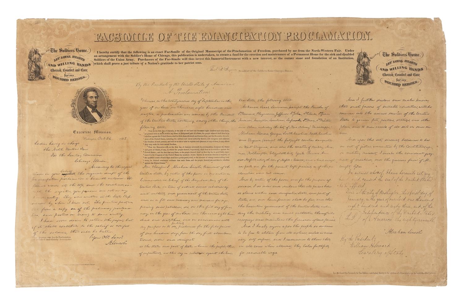 [EMANCIPATION PROCLAMATION]. [LINCOLN, Abraham (1809-1865)]. Facsimile of the Emancipation Proclamation . Chicago: Edward Mendel, 1863.