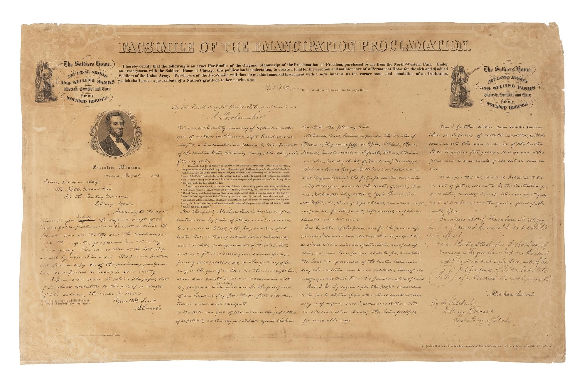 [EMANCIPATION PROCLAMATION]. [LINCOLN, Abraham (1809-1865)]. Facsimile of the Emancipation Proclamation . Chicago: Edward Mendel, 1863.