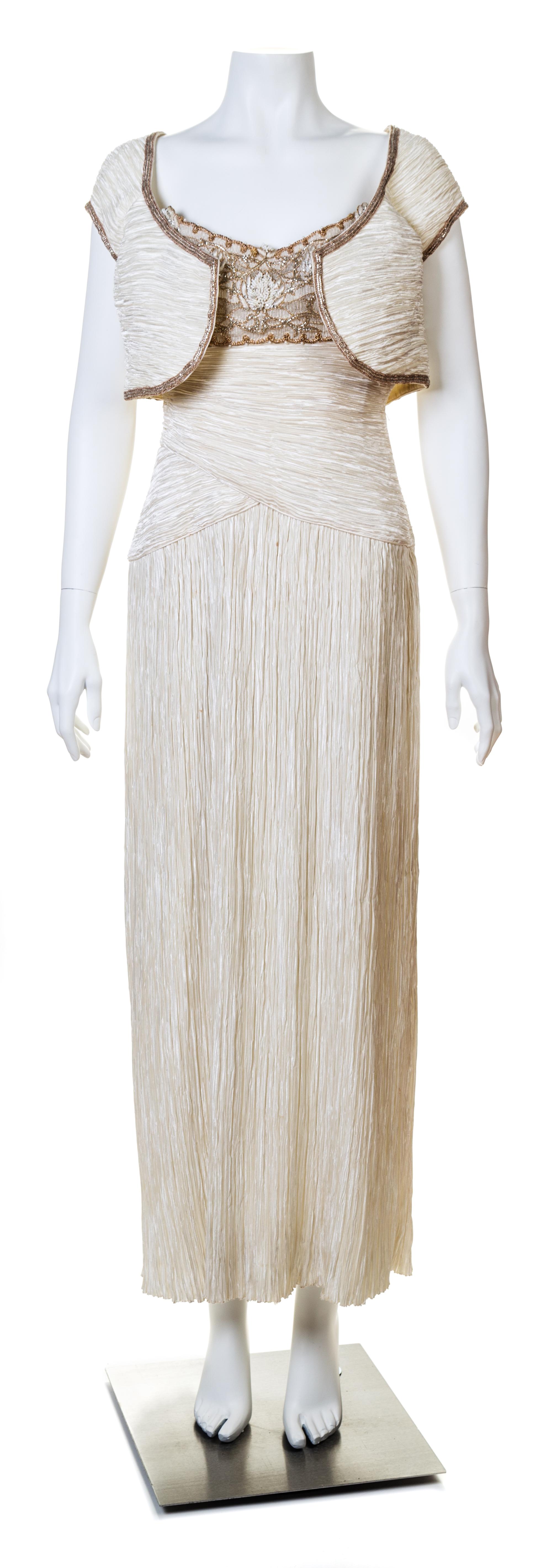 Mary McFadden Cream Pleated Dress and Bolero, 1980s Size label: 4