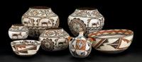 Large Zuni polychrome pottery bowl and a canteen zuni, new mexico, circa 1950