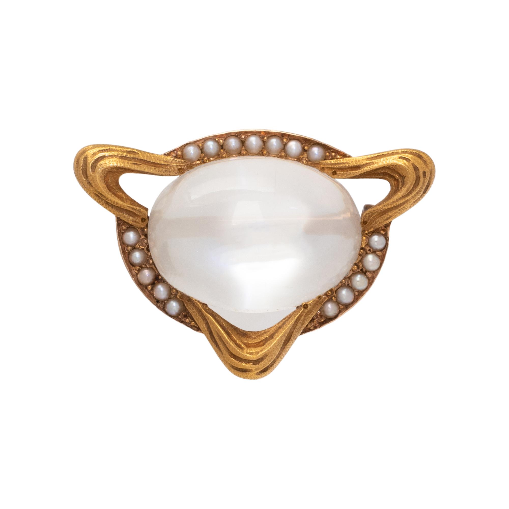 ART NOUVEAU, YELLOW GOLD, MOONSTONE AND SEED PEARL BROOCH