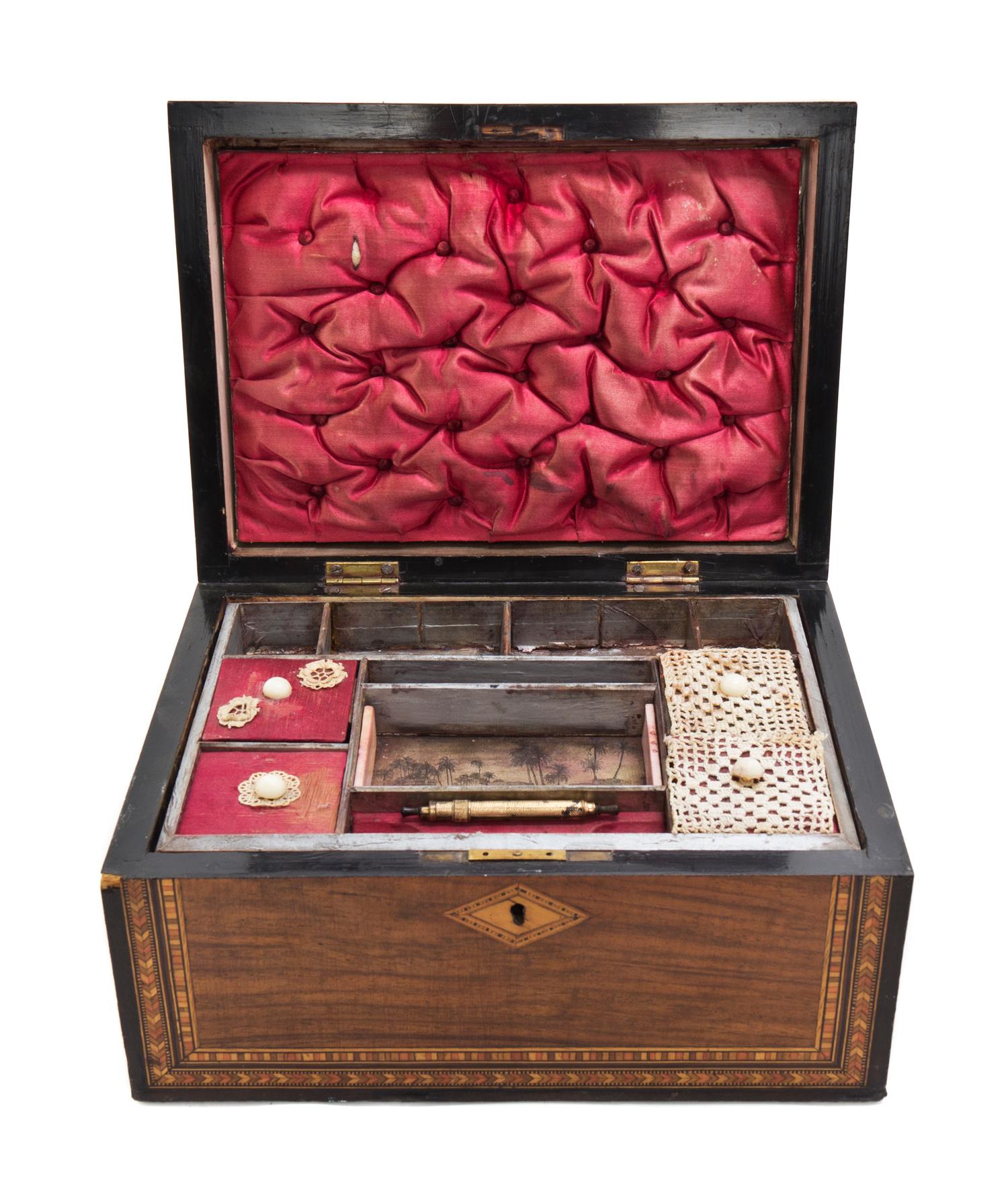 A Victorian Walnut and Parquetry Work Box, Width 11 inches.