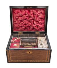 A Victorian Walnut and Parquetry Work Box, Width 11 inches.