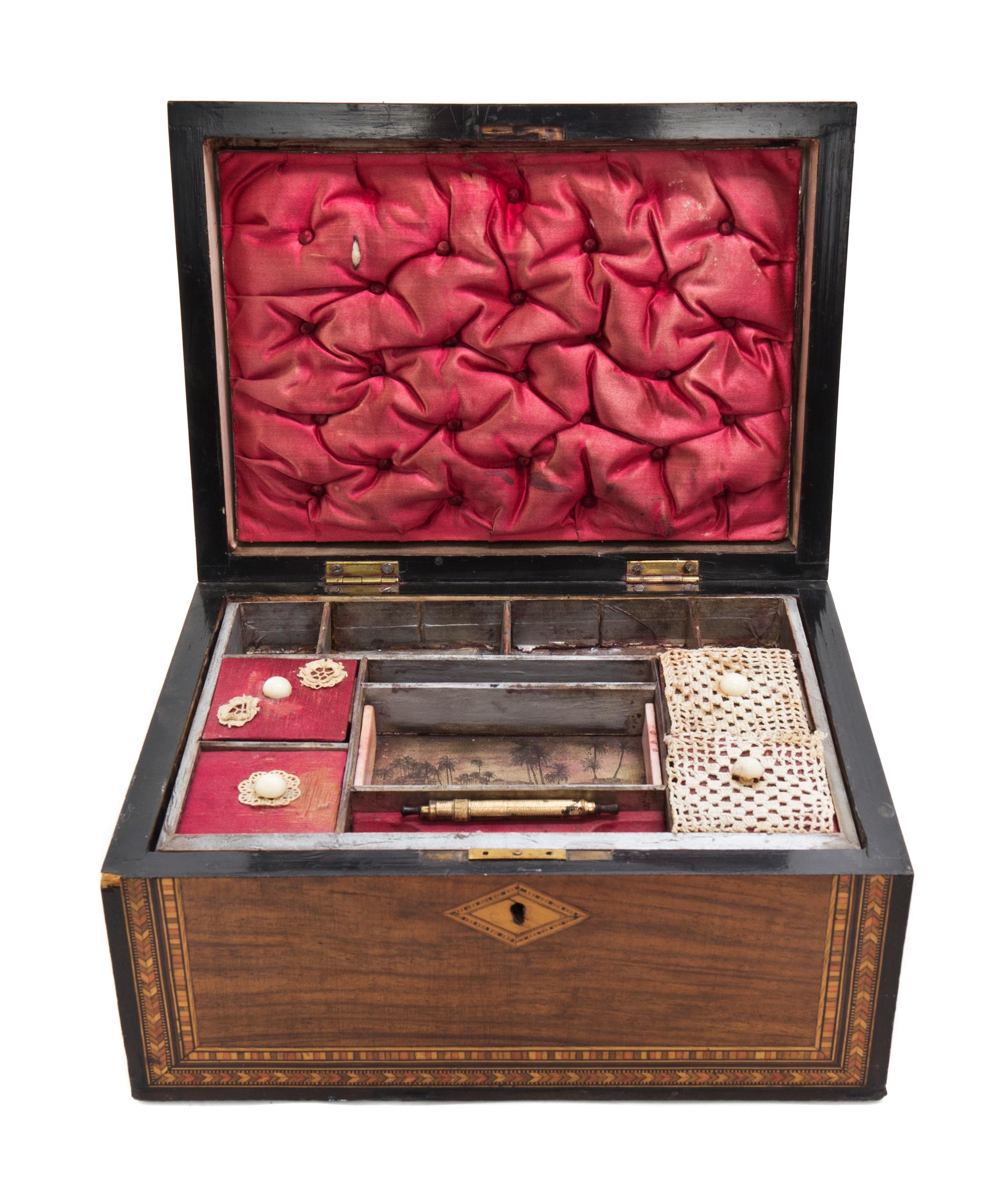 A Victorian Walnut and Parquetry Work Box, Width 11 inches.