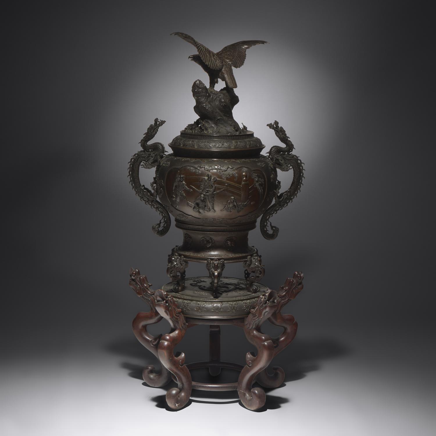 An Impressive and Very Large Japanese Patinated Bronze Koro, Meiji Period