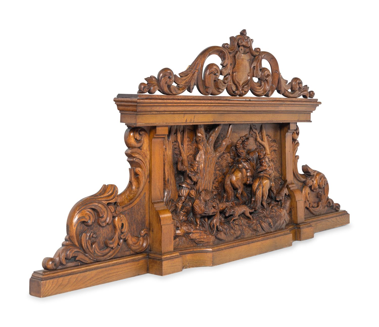 A Black Forest Style Carved Oak Overmantel Panel