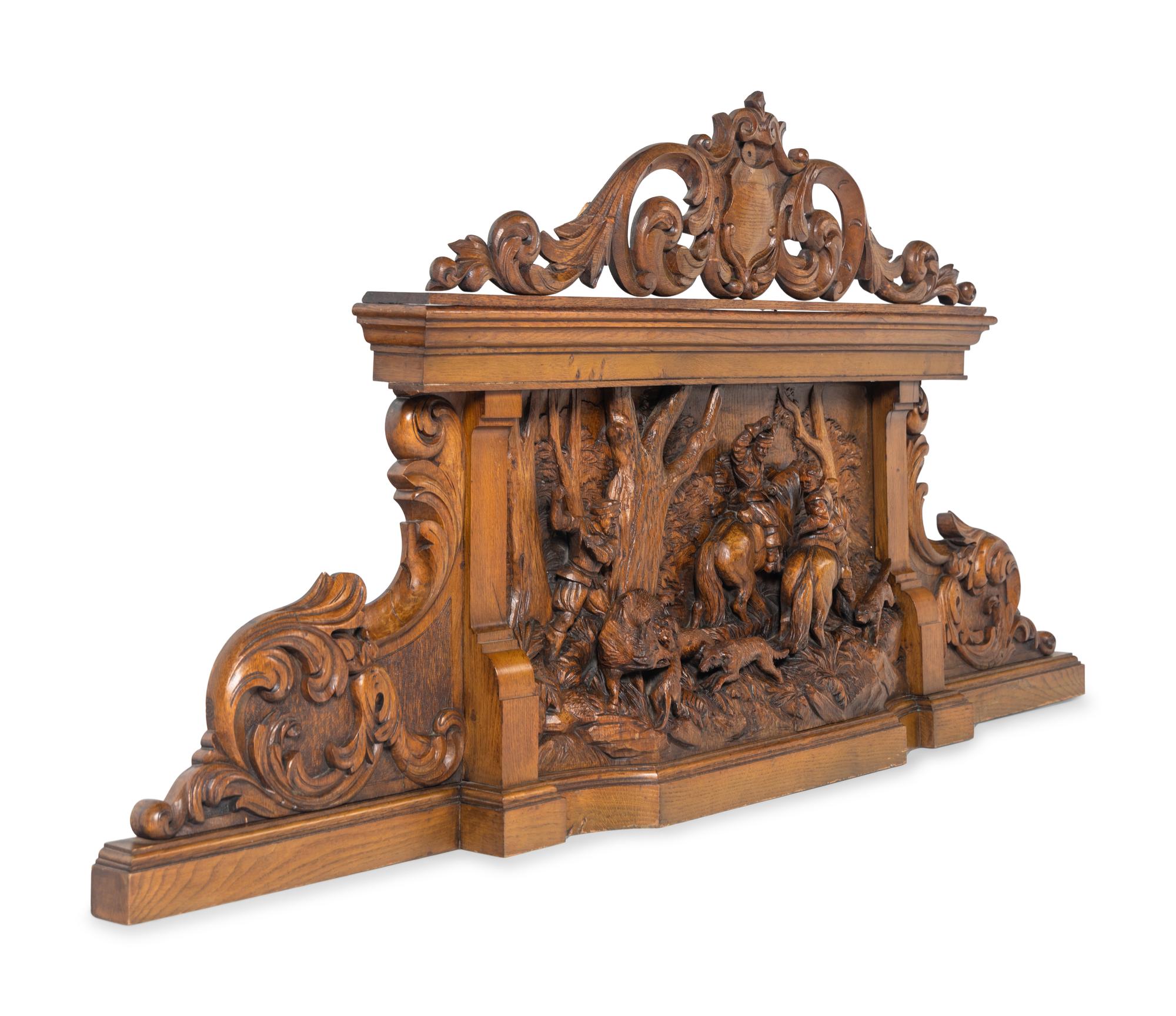 A Black Forest Style Carved Oak Overmantel Panel