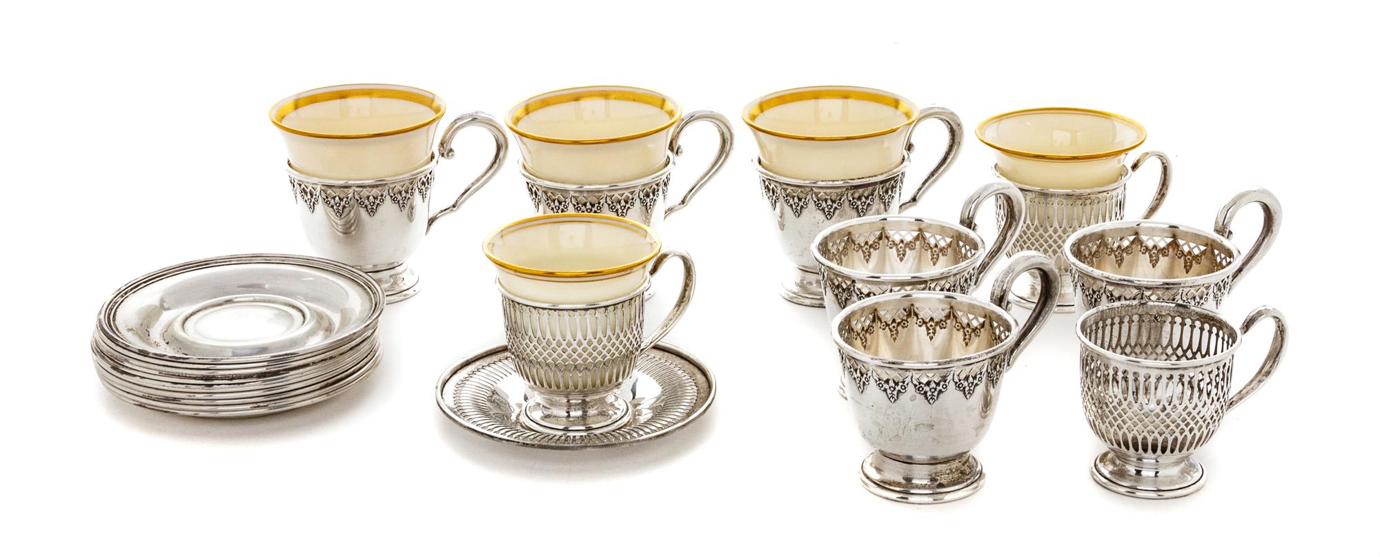 A Group of American Silver Demitasse Cups and Saucers, Frank M. Whiting Co. and International Sterling, comprising 9 cups with Lenox po