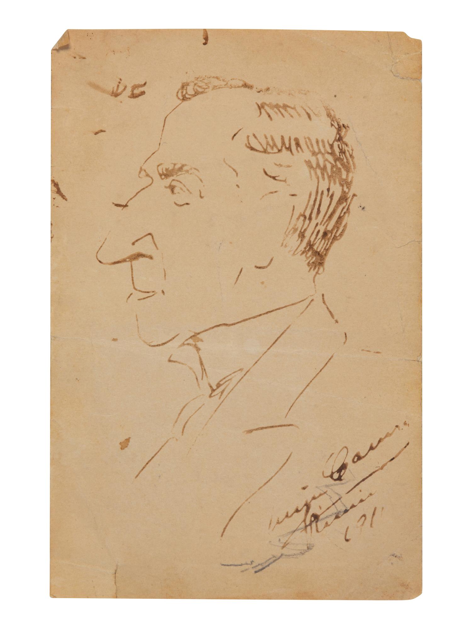 CARUSO, Enrico (1873-1921). Original drawing, profile caricature of Marcello Bucci, in pen and ink, signed and dated lower right ("Enrico Caruso...1911").