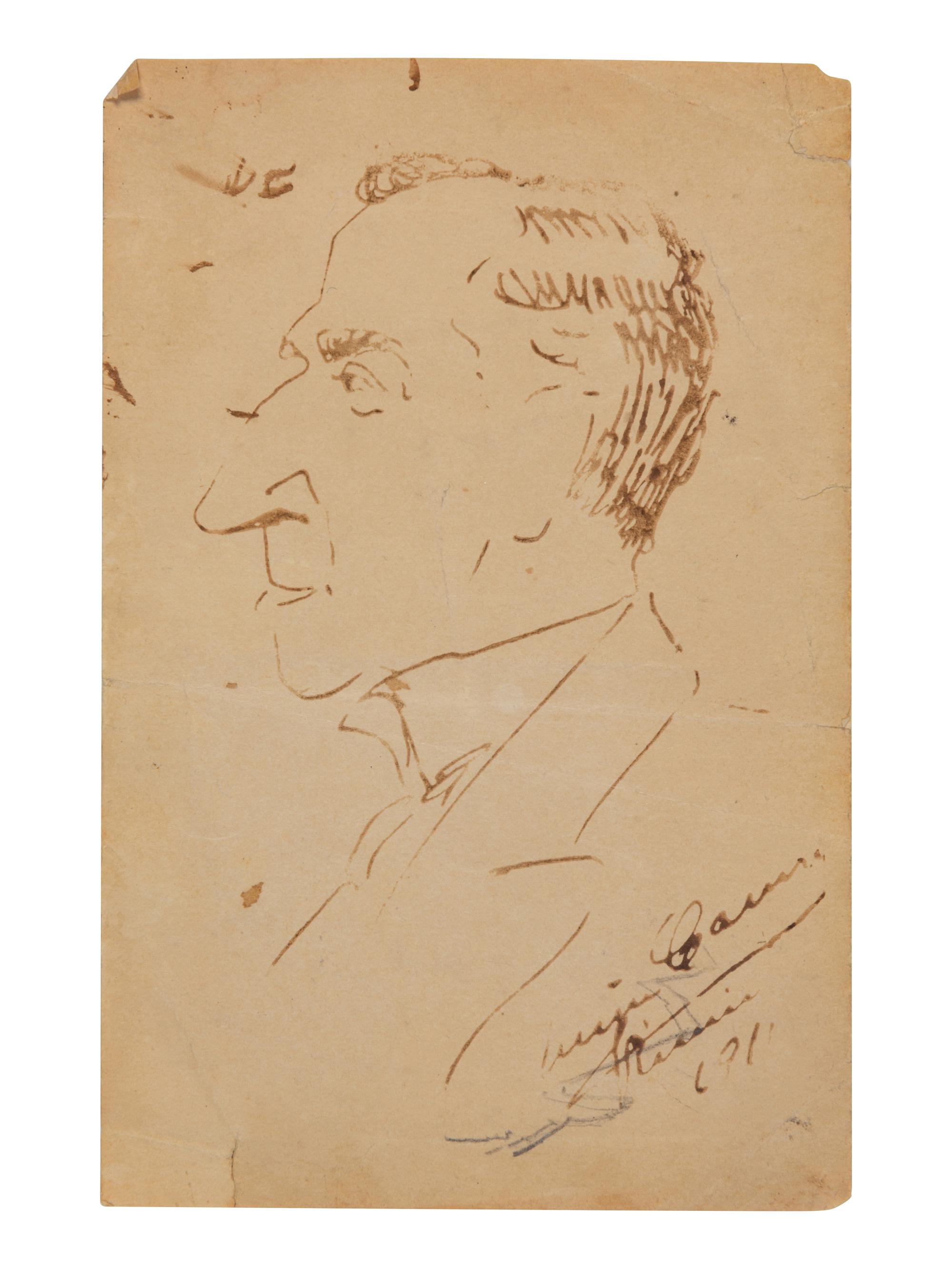 CARUSO, Enrico (1873-1921). Original drawing, profile caricature of Marcello Bucci, in pen and ink, signed and dated lower right ("Enrico Caruso...1911").