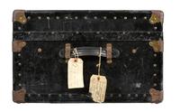 A Black Metal Steamer Trunk Height 12 1/2 inches x width 36 inches x depth 21 7/8 inches.