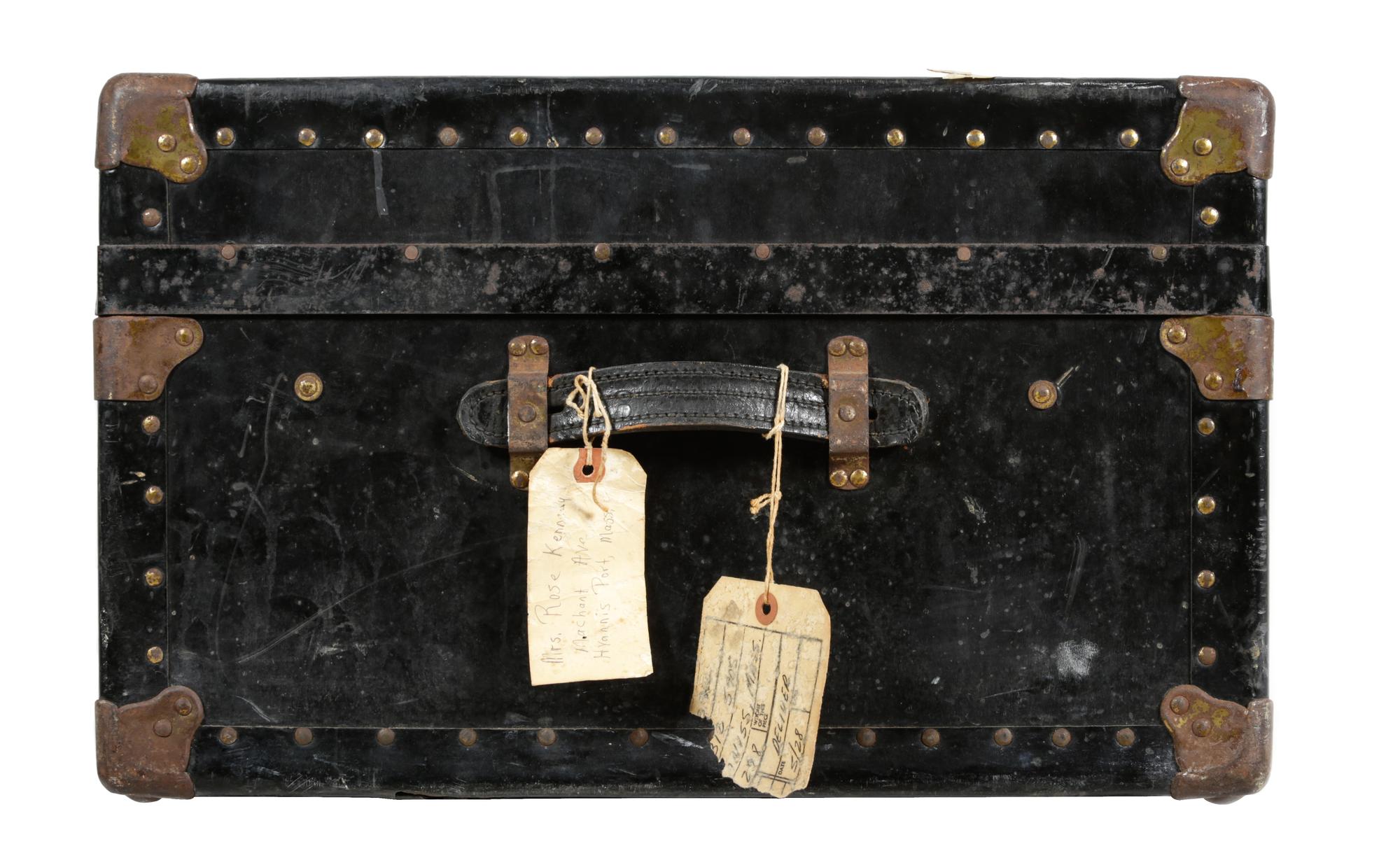 A Black Metal Steamer Trunk Height 12 1/2 inches x width 36 inches x depth 21 7/8 inches.
