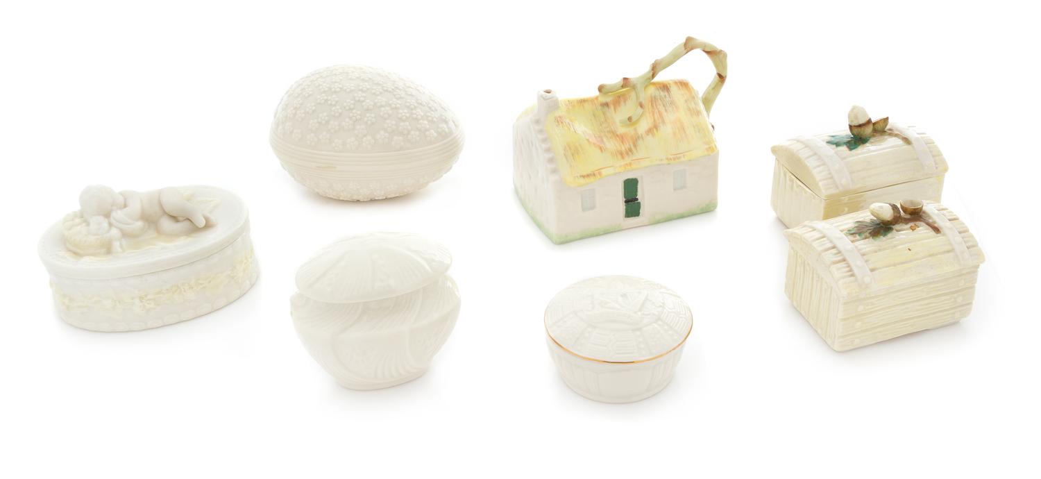 Six Belleek Articles Width of widest 5 1/2 inches. — THIRD BLACK MARK THROUGH SIXTH GOLD MARK (1926-1993)