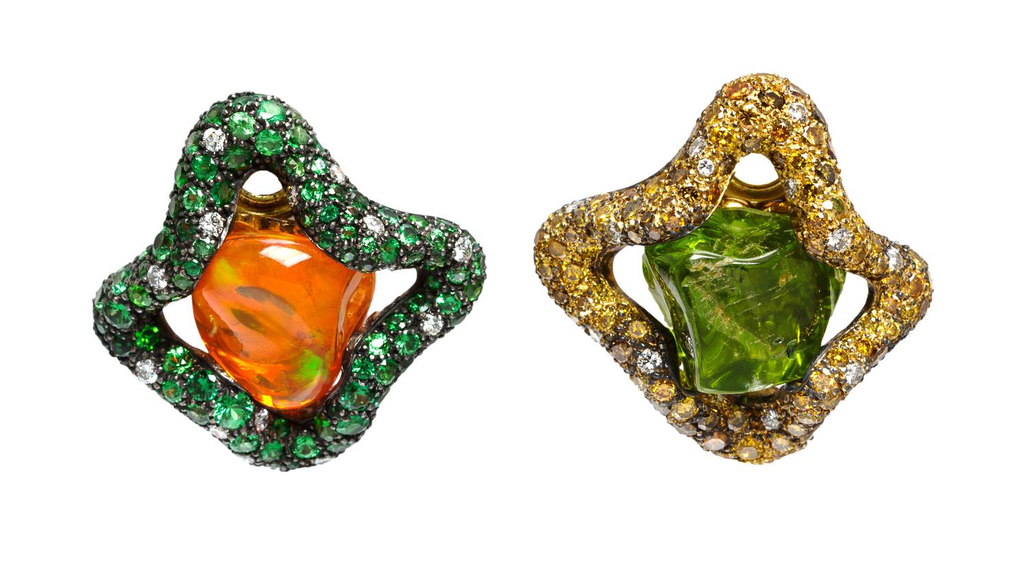 A Pair of 18 Karat Yellow Gold, Sterling Silver, Diamond, Colored Diamond and Multi Gem Earclips, N. Varney, 14.30 dwts.
