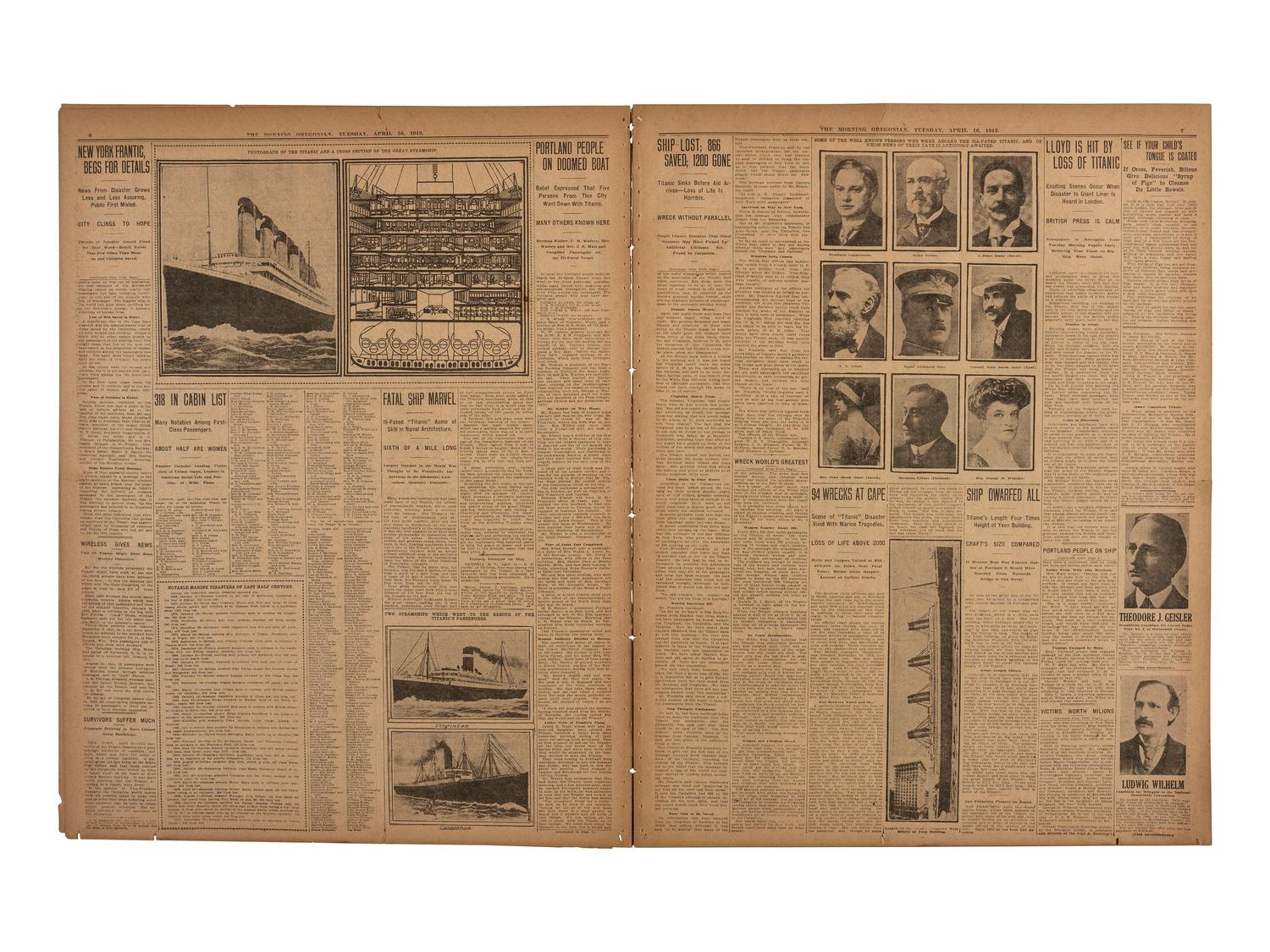 [TITANIC DISASTER]. Morning Oregonian . Vol. LII, No. 16,035. Portland, OR: 16 April 1912.