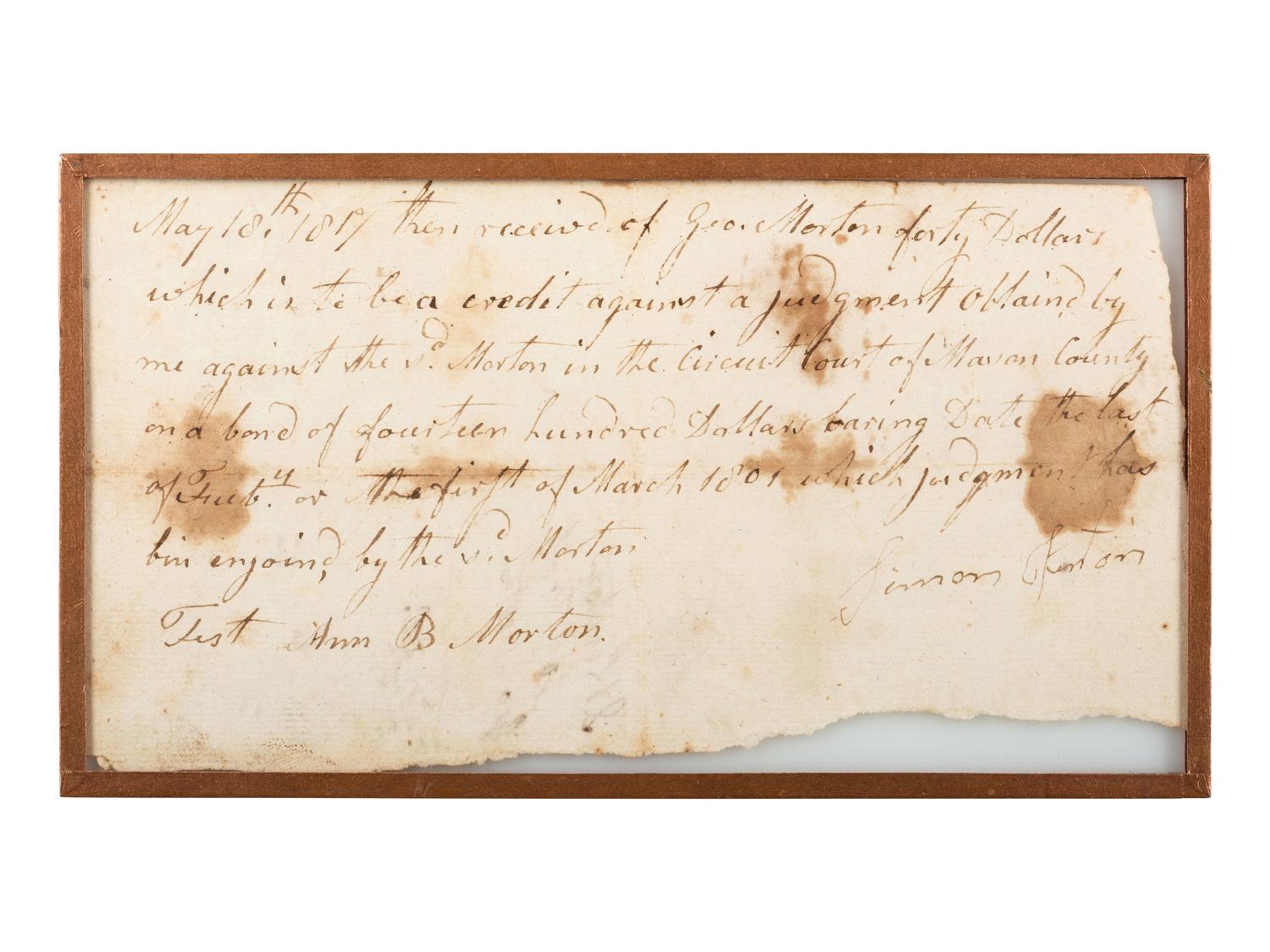 KENTON, Simon (1755-1836). Manuscript receipt signed ("Simon Kenton"), 18 May 1817.