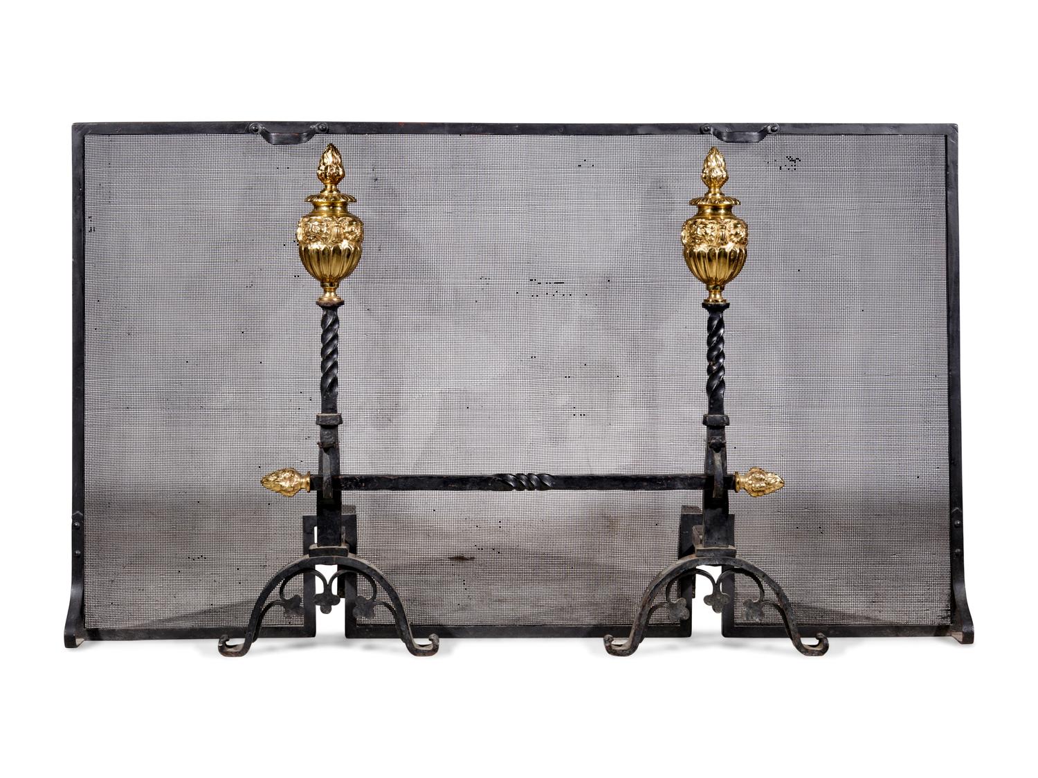 A Pair of Neoclassical Style Brass and Iron Andirons