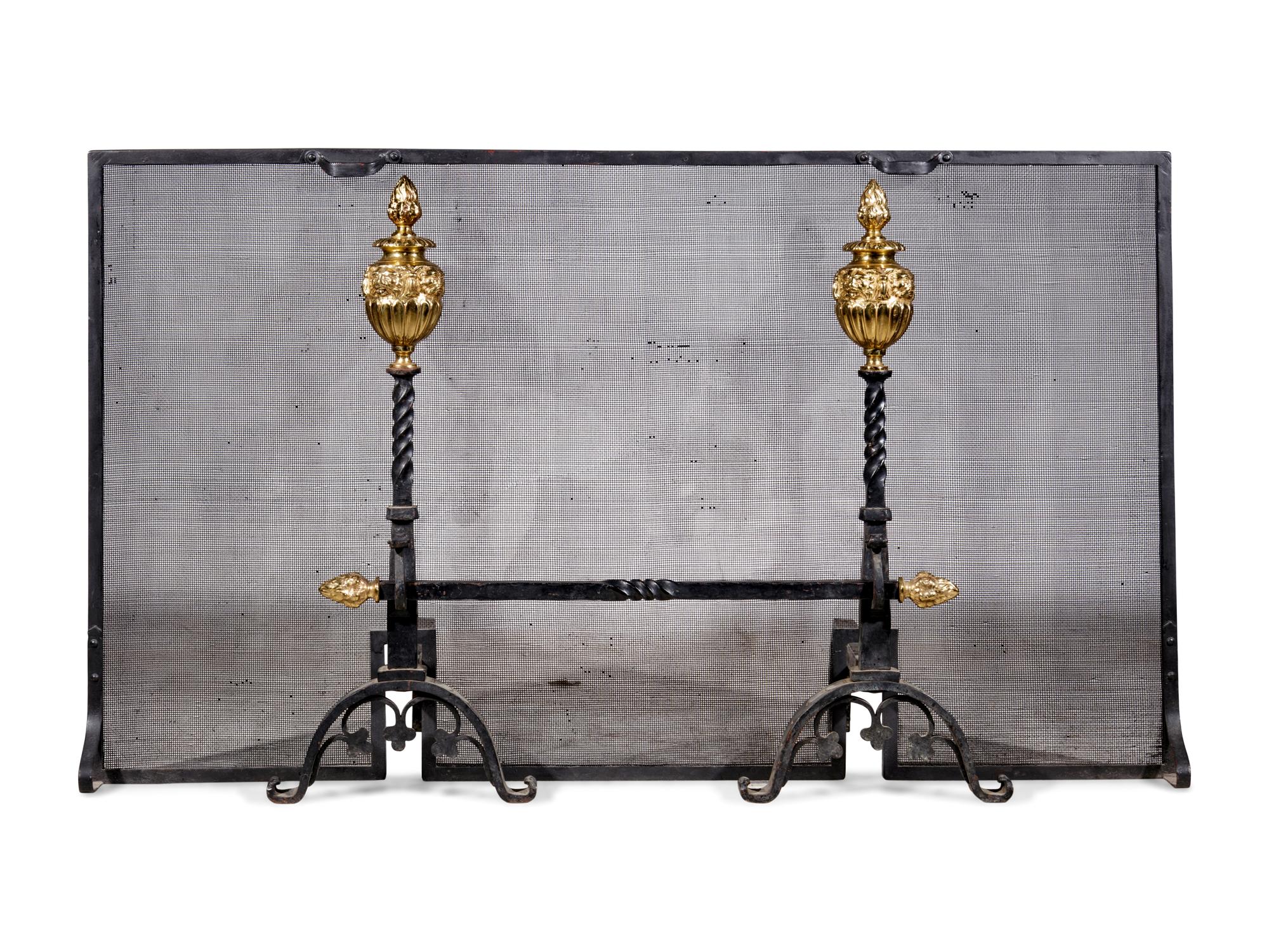 A Pair of Neoclassical Style Brass and Iron Andirons