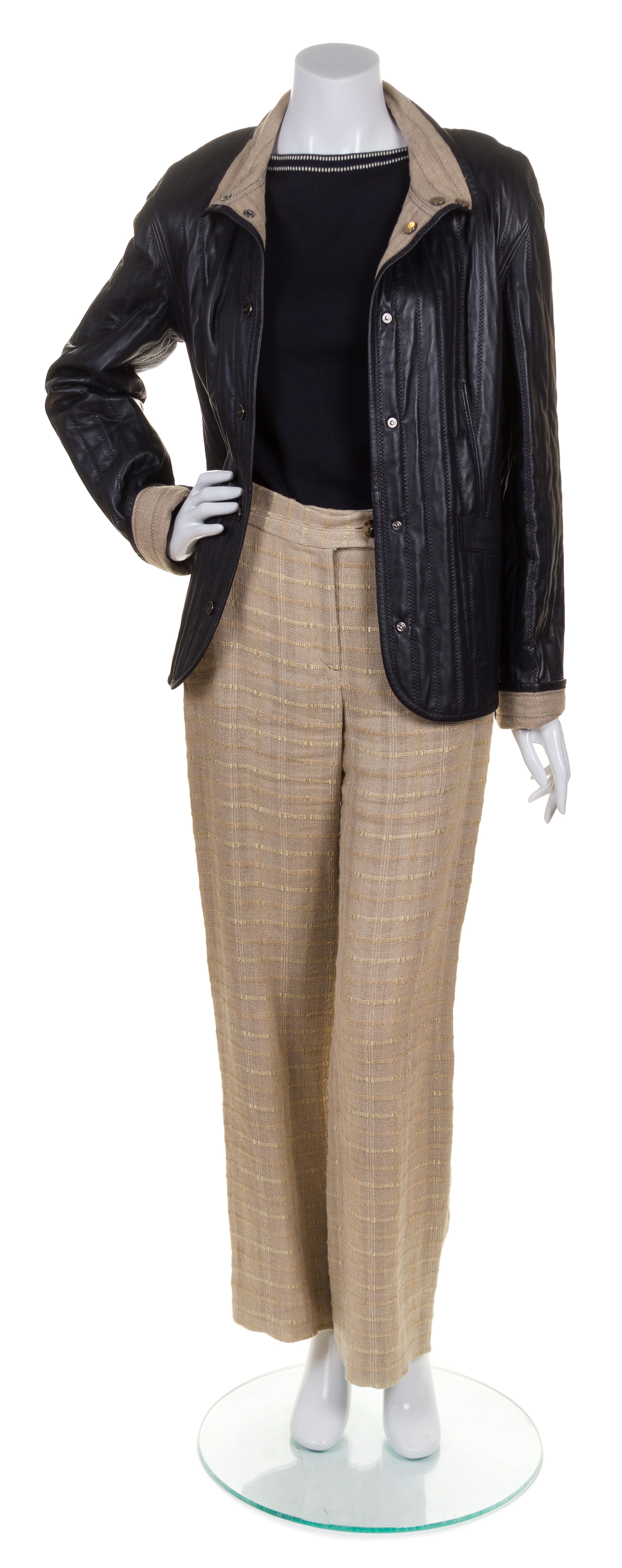 A Salvatore Ferragamo Leather and Linen Ensemble, Pant size 8, top size L.