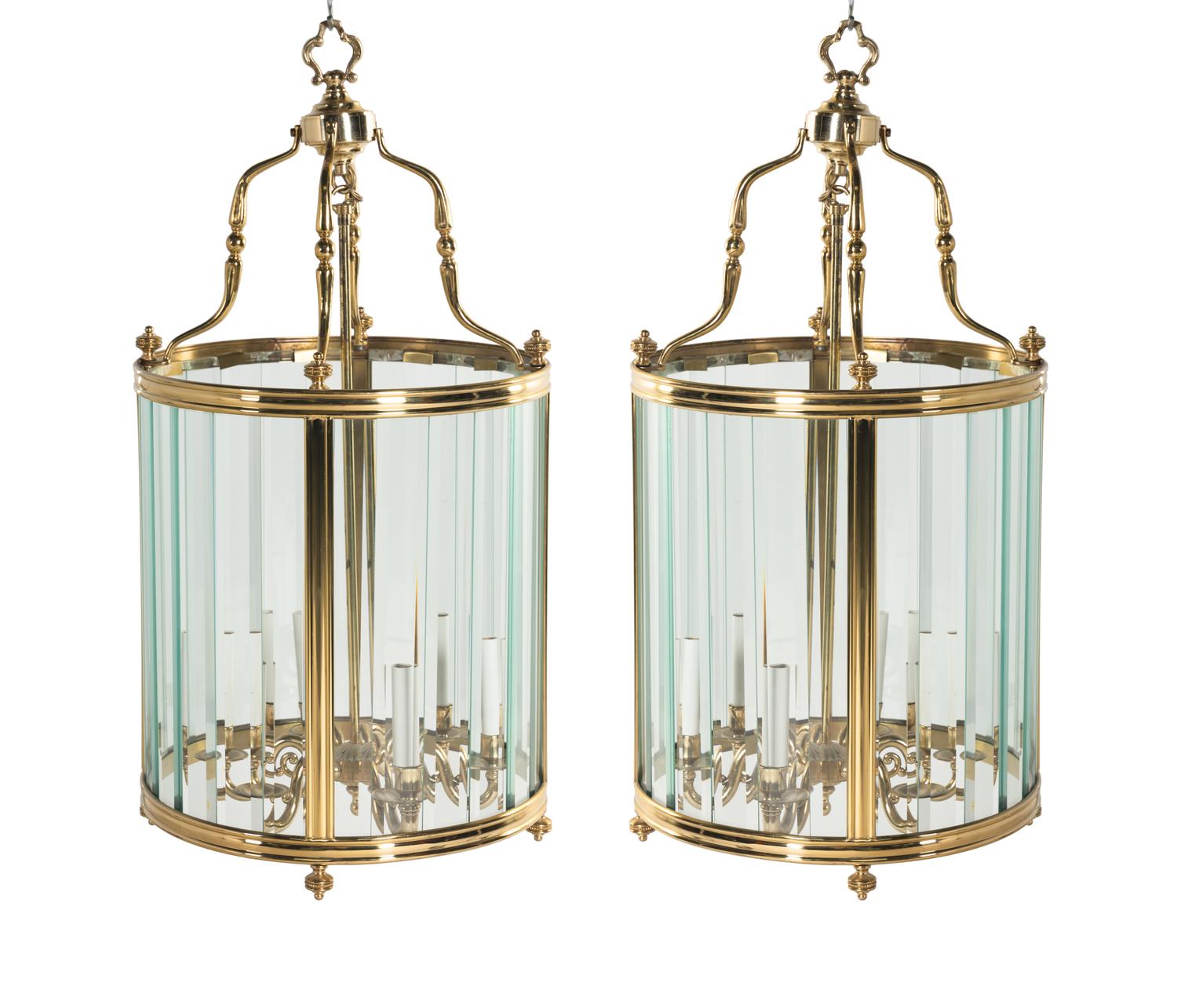 A Pair of Brass and Glass Hall Lanterns
