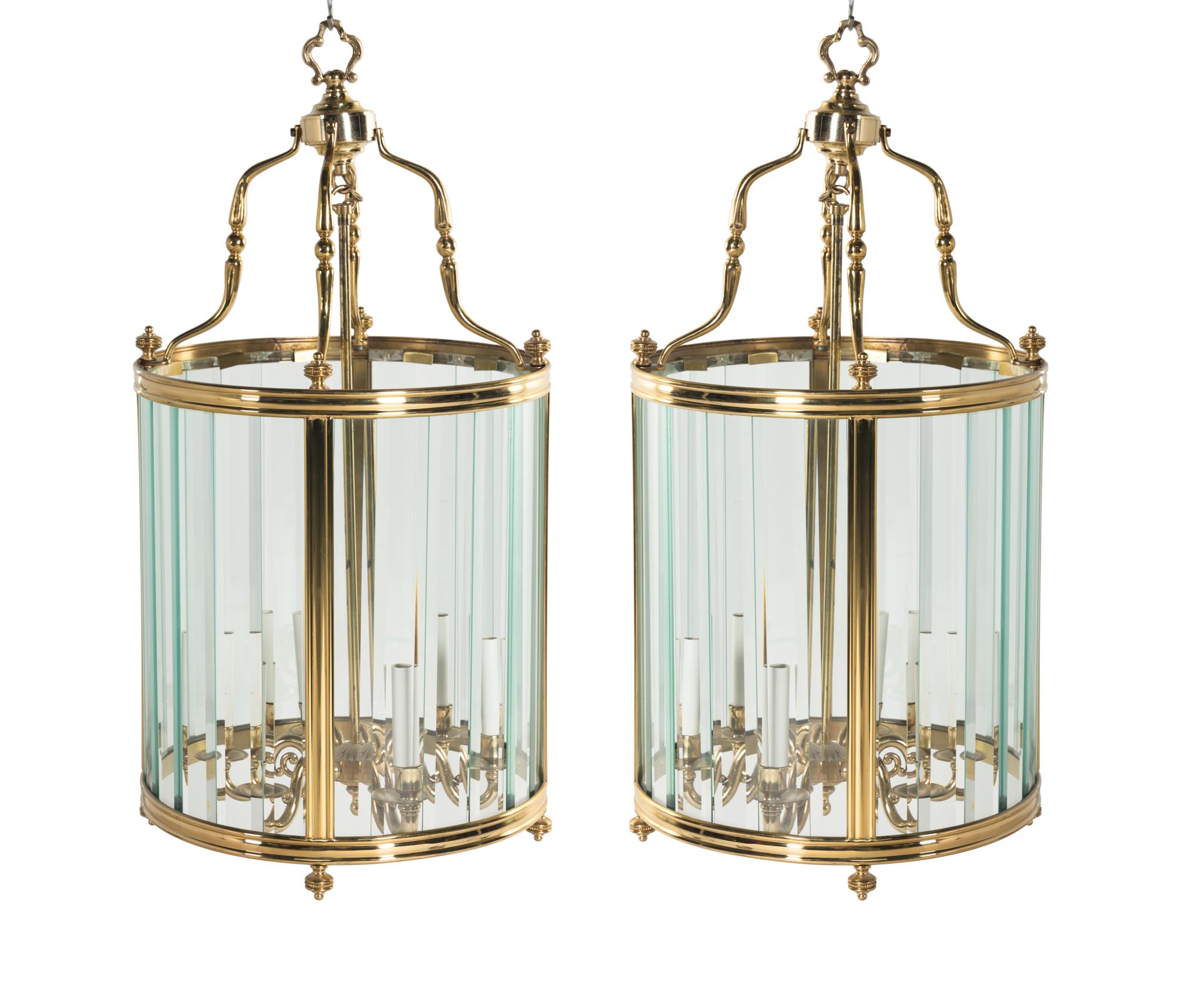 A Pair of Brass and Glass Hall Lanterns