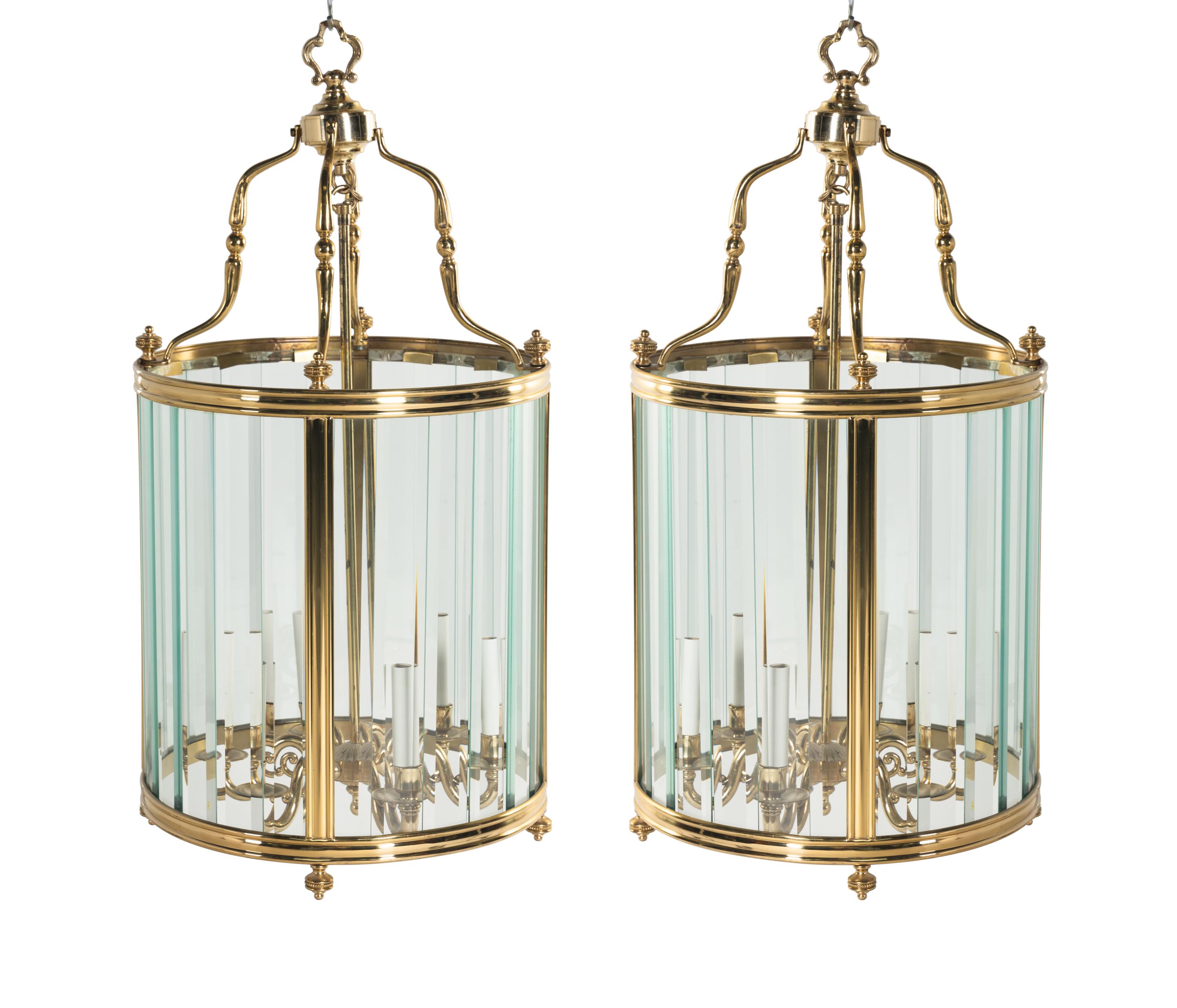 A Pair of Brass and Glass Hall Lanterns