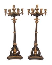 A Pair of French Neoclassical Gilt and Patinated Bronze Seven-Light Candelabra