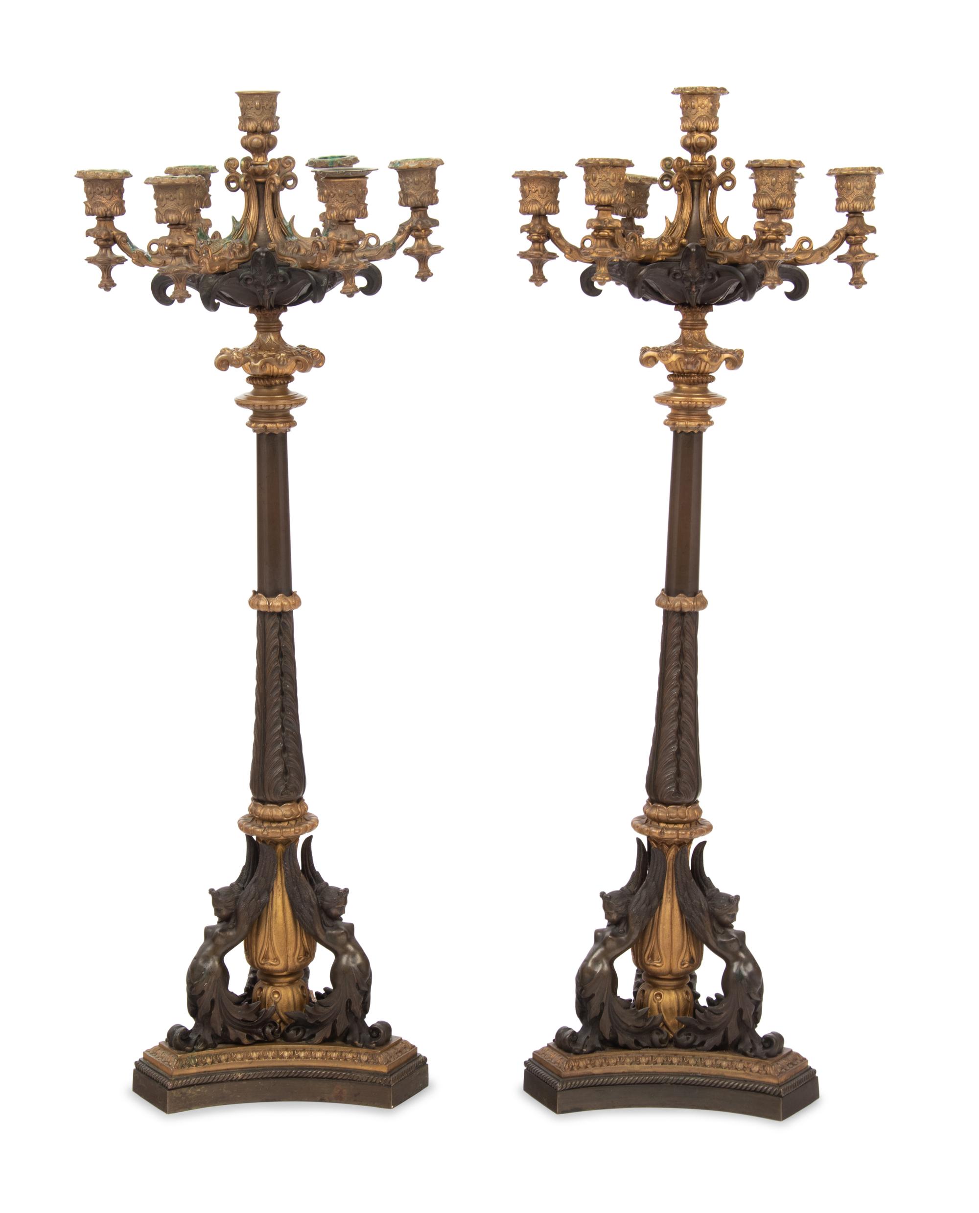 A Pair of French Neoclassical Gilt and Patinated Bronze Seven-Light Candelabra