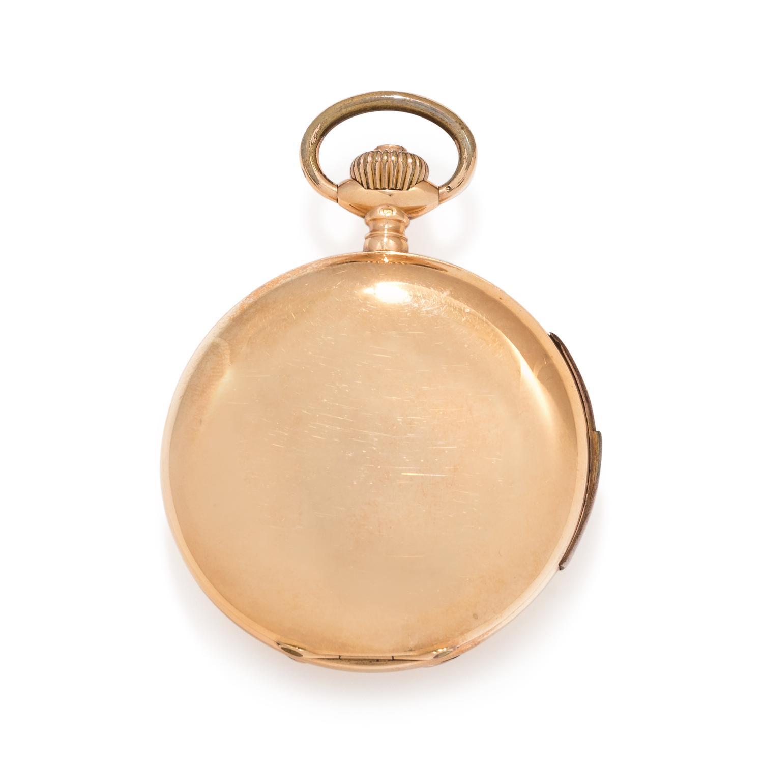 A.L. JACOT, 18K YELLOW GOLD MINUTE REPEATER HUNTER CASE POCKET WATCH