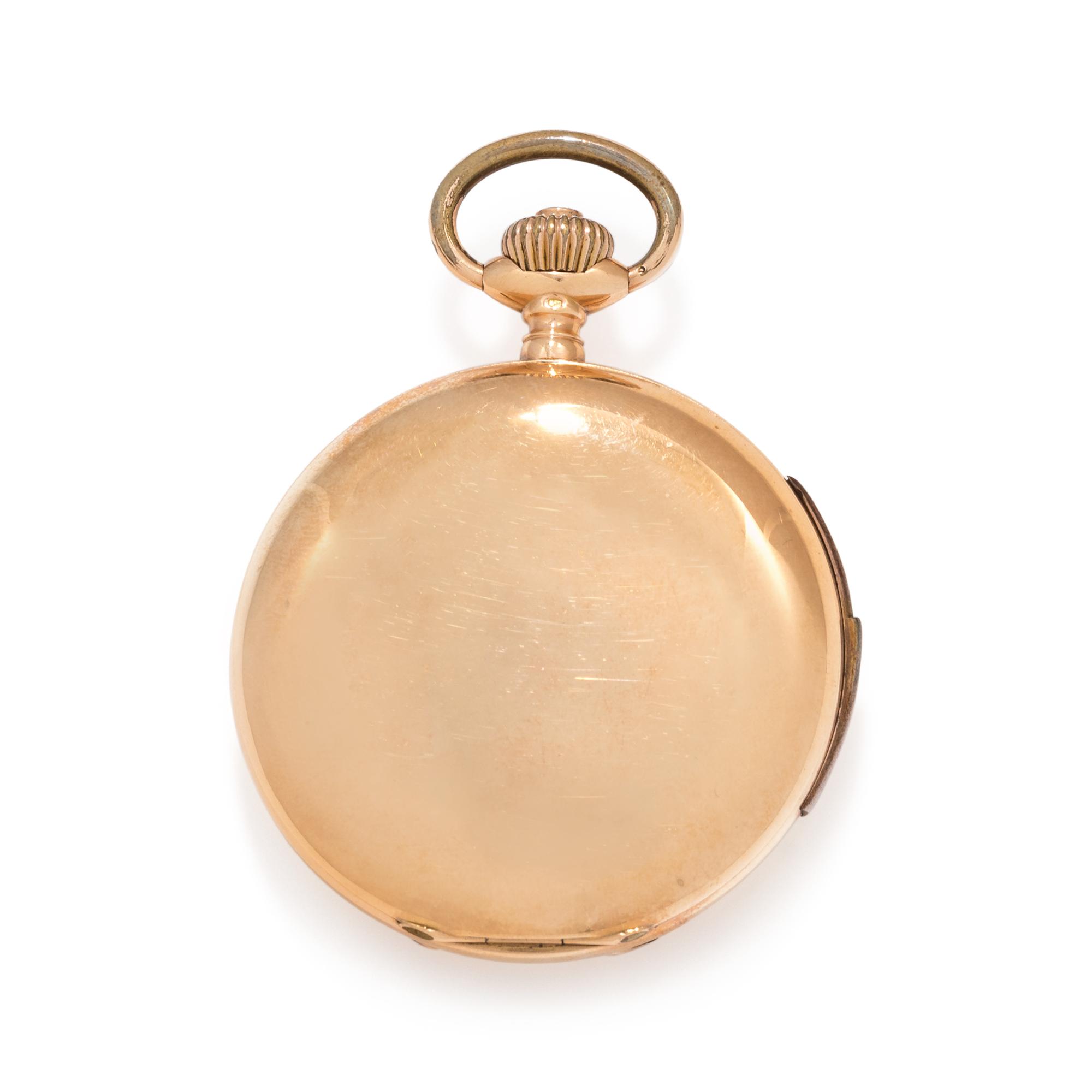 A.L. JACOT, 18K YELLOW GOLD MINUTE REPEATER HUNTER CASE POCKET WATCH