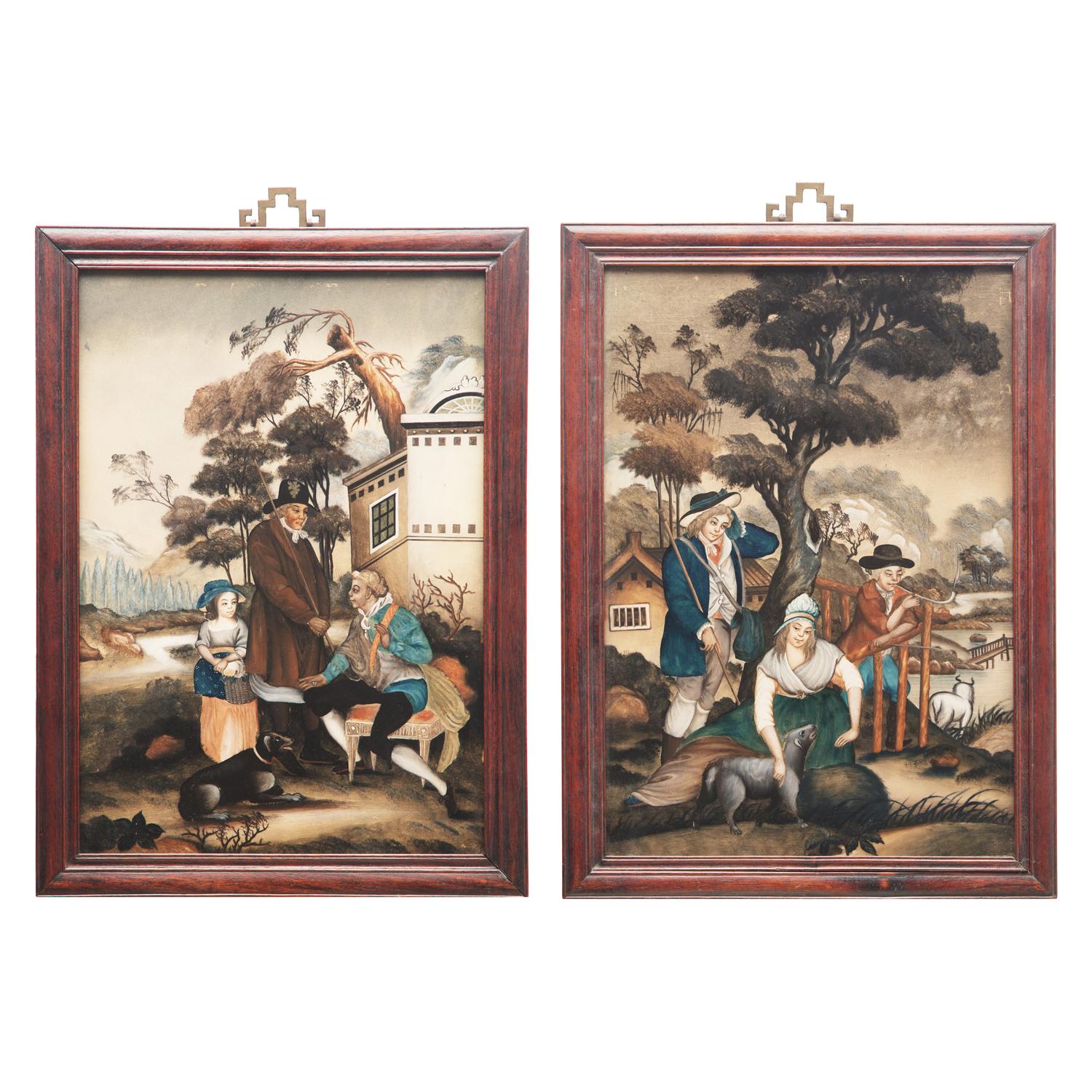 A Pair of Chinese Export Reverse-Glass Painted Pictures of Western Figures in Bucolic Landscapes