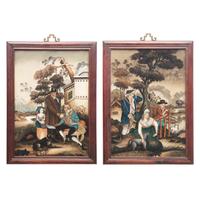 A Pair of Chinese Export Reverse-Glass Painted Pictures of Western Figures in Bucolic Landscapes