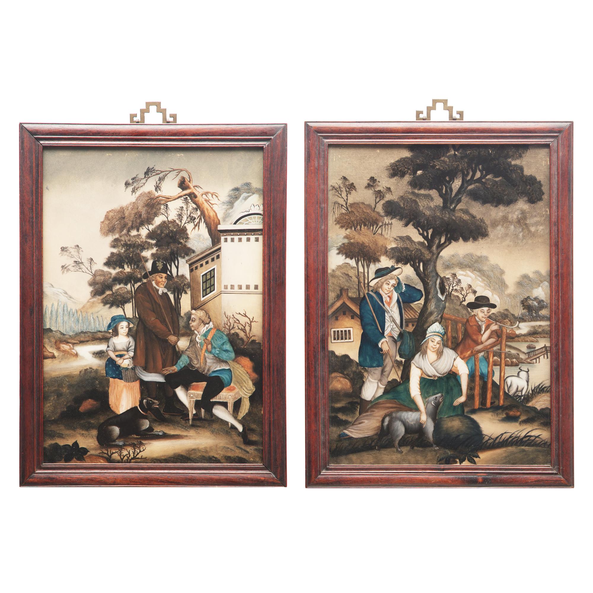 A Pair of Chinese Export Reverse-Glass Painted Pictures of Western Figures in Bucolic Landscapes
