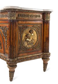 A Louis XVI Style Gilt Bronze Mounted Mahogany Marble-Top Commode à Vantaux