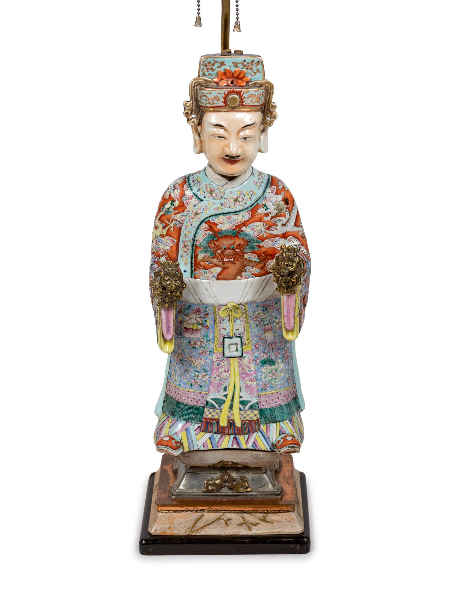 A Chinese Porcelain Figure of Emperor Mounted as a Lamp