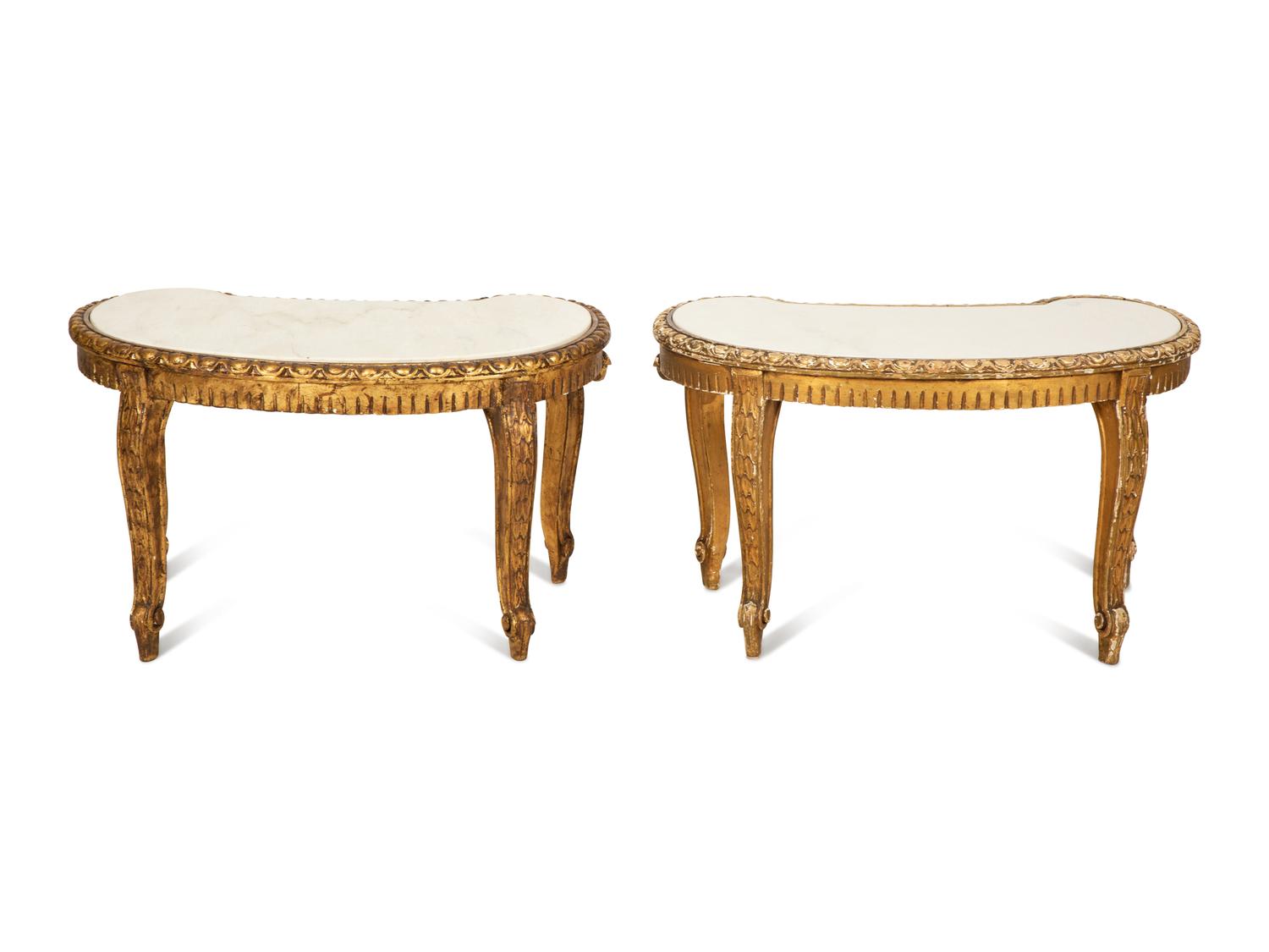 A Pair of Continental Giltwood Marble-Top Reniform Side Tables — 20th Century