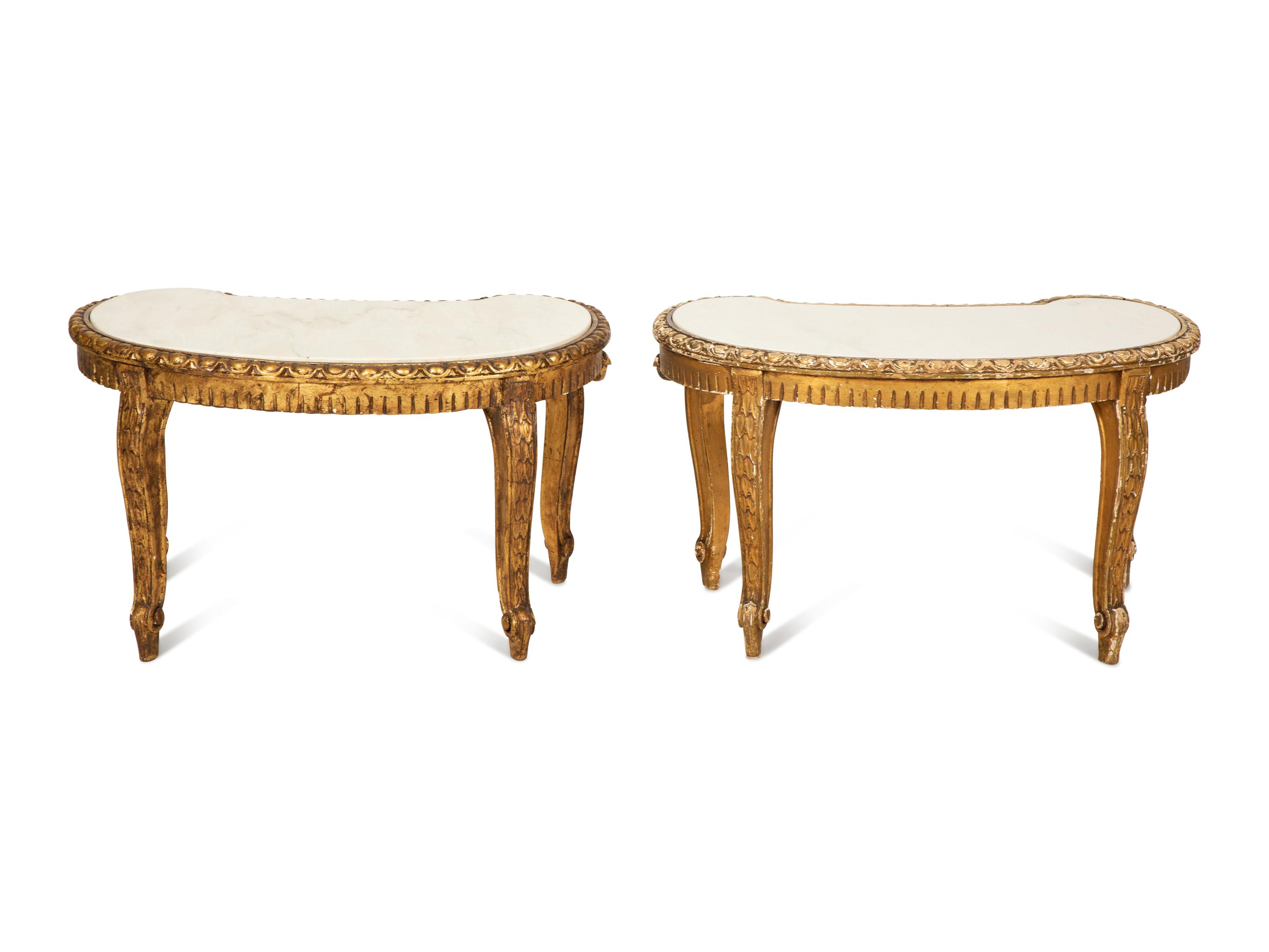 A Pair of Continental Giltwood Marble-Top Reniform Side Tables — 20th Century
