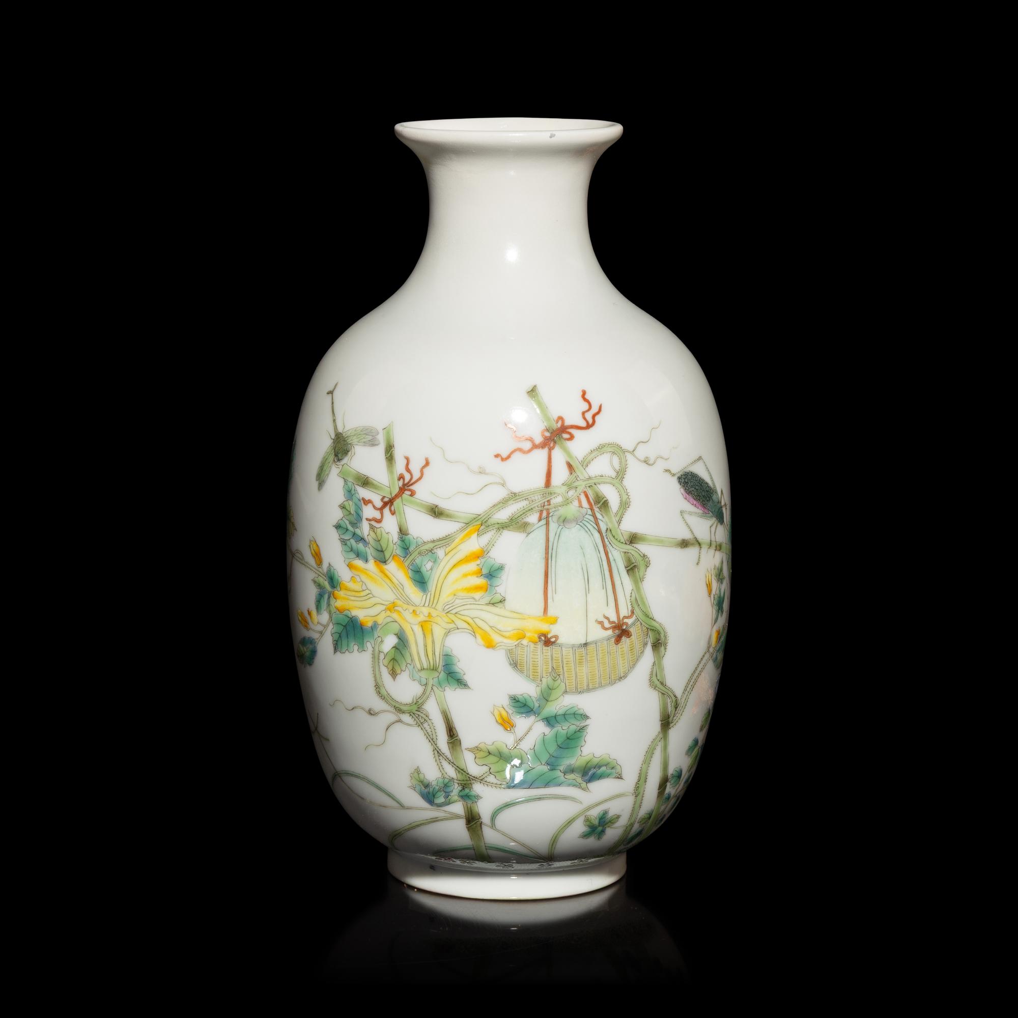 A Chinese Famille Rose Porcelain Vase, Late 19th-20th Century — 晚清-民國 粉彩瓜果草蟲圖賞瓶