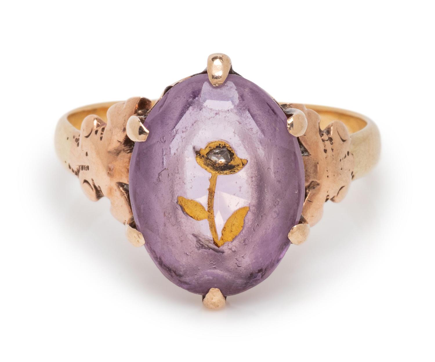 A Bicolor Gold, Amethyst and Diamond Floral Motif Ring,