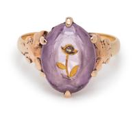 A Bicolor Gold, Amethyst and Diamond Floral Motif Ring,