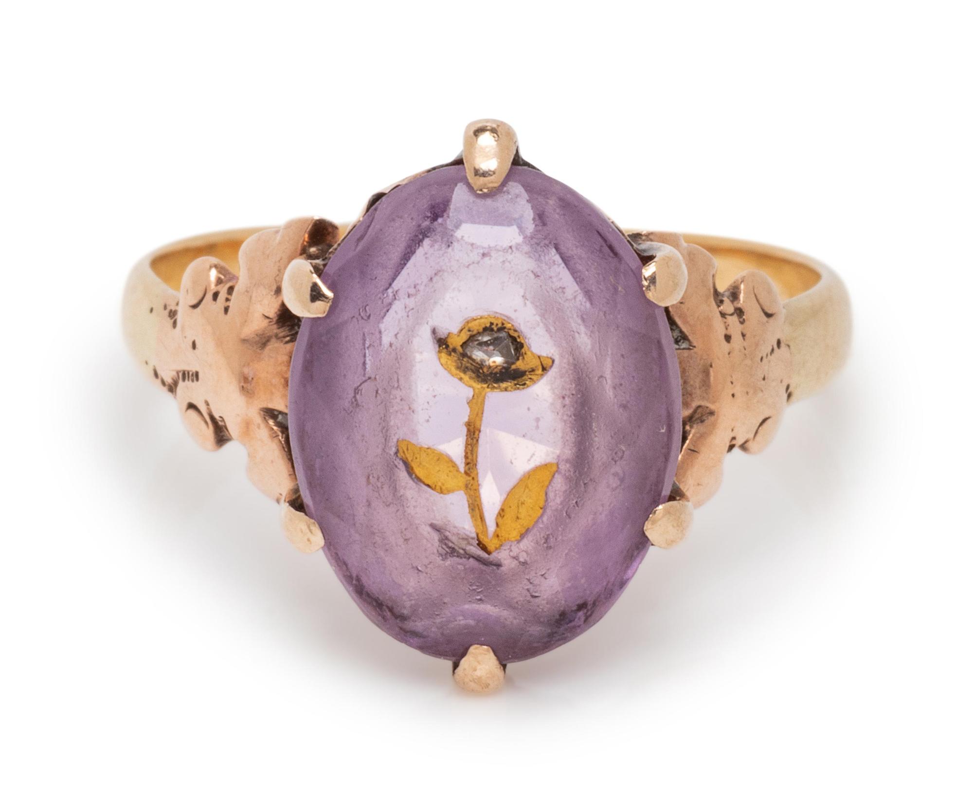 A Bicolor Gold, Amethyst and Diamond Floral Motif Ring,