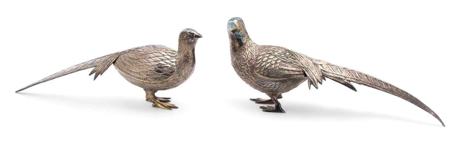 A Pair of Silvered Metal Pheasants Length 15 inches. — 20TH CENTURY