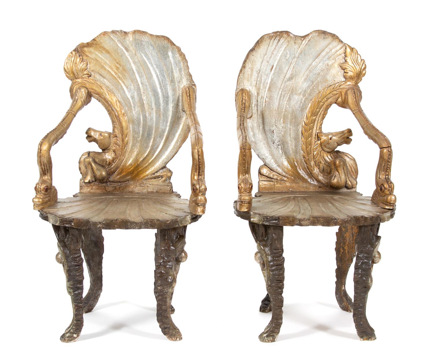 A Pair of Venetian Silver Gilt Grotto Armchairs Height 42 1/4 inches. — LATE 19TH CENTURY