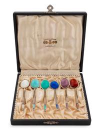 A Set of Twelve French Silver Teaspoons and a Set of Six Danish Silver and Enamel Demitasse Spoons