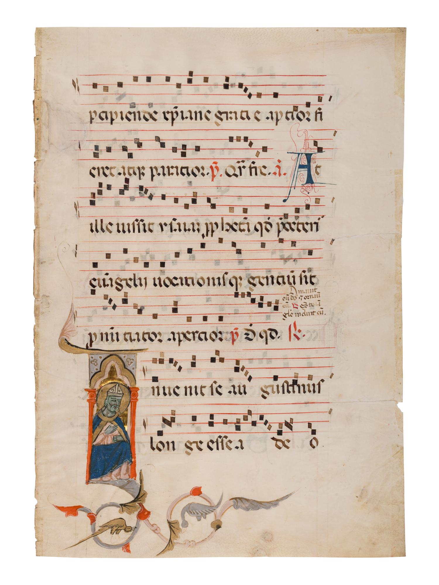 ANONYMOUS ITALIAN ARTIST A leaf from an Antiphonary, with an historiated initial ‘I’ of St. Augustine, in Latin, illuminated manuscript on parchment [Italy, Emilia-Romagna, c. 1300]