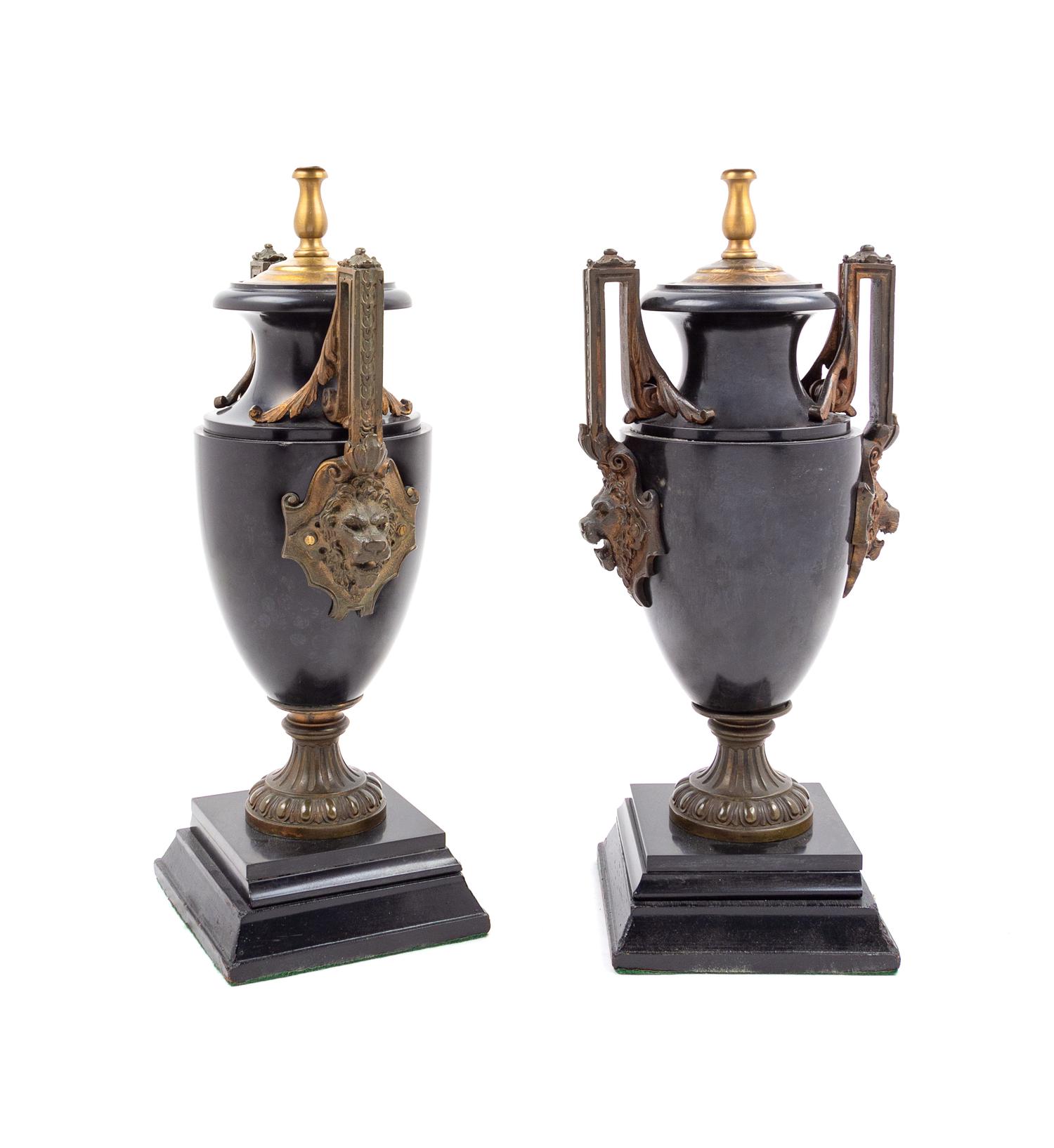 A Pair of Neoclassical Bronze Mounted Slate Urns Height of base 18 inches. — LATE 19TH/EARLY 20TH CENTURY