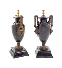 A Pair of Neoclassical Bronze Mounted Slate Urns Height of base 18 inches. — LATE 19TH/EARLY 20TH CENTURY