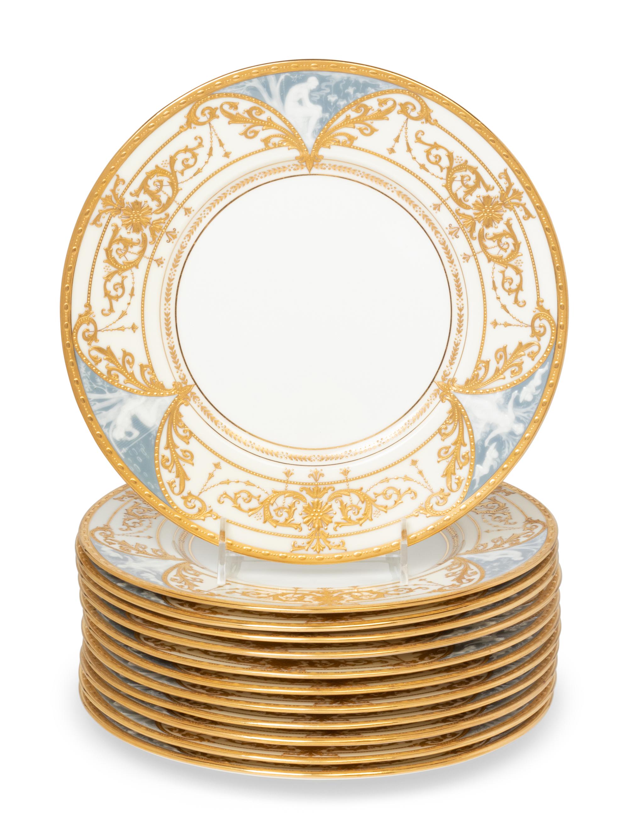 A Set of Twelve Mintons Pâte-sur-Pâte Parcel-Gilt Porcelain Plates