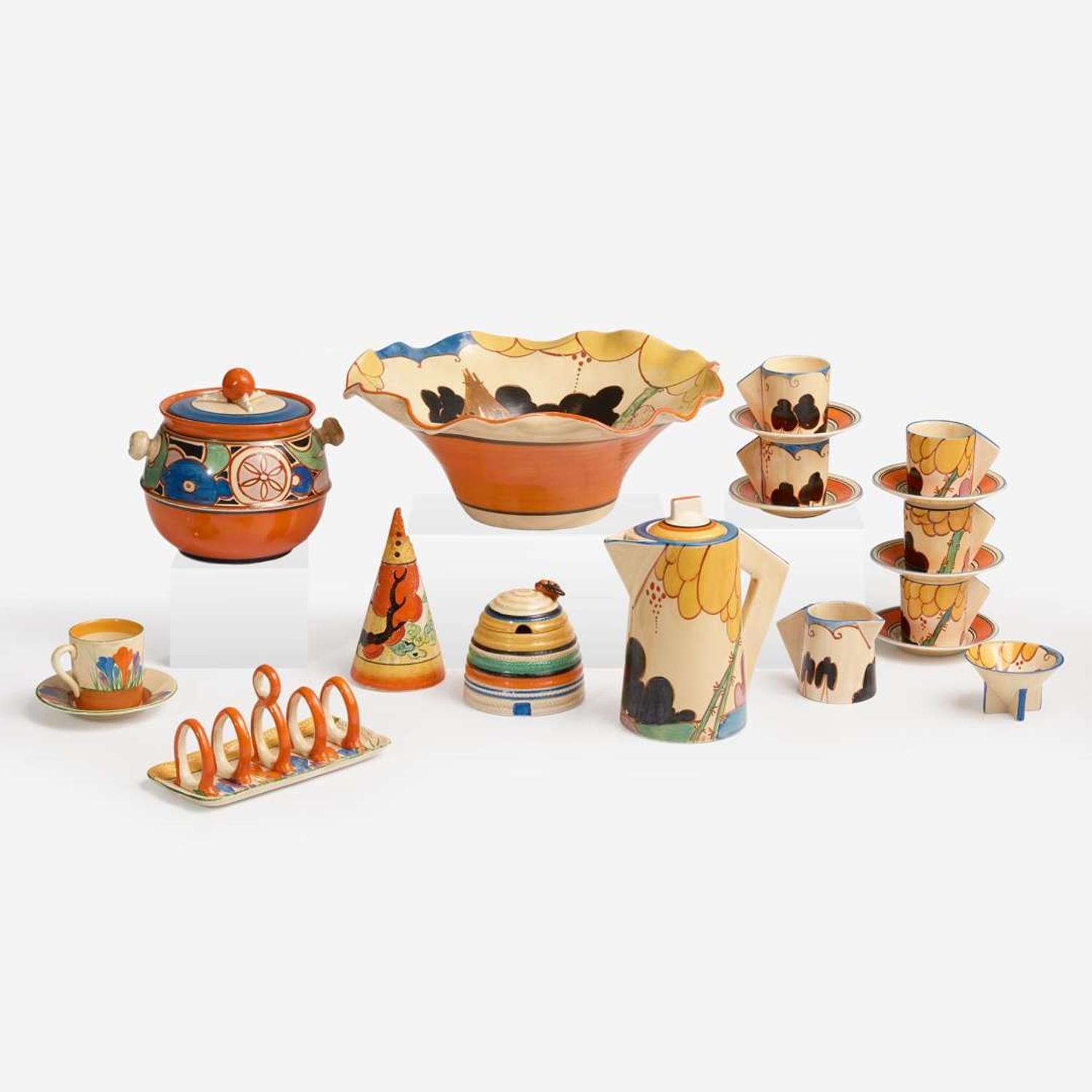 Clarice Cliff (English, 1899-1972) Group of "Bizarre" and "Fantasque" Art Deco Pottery, England, 1930s