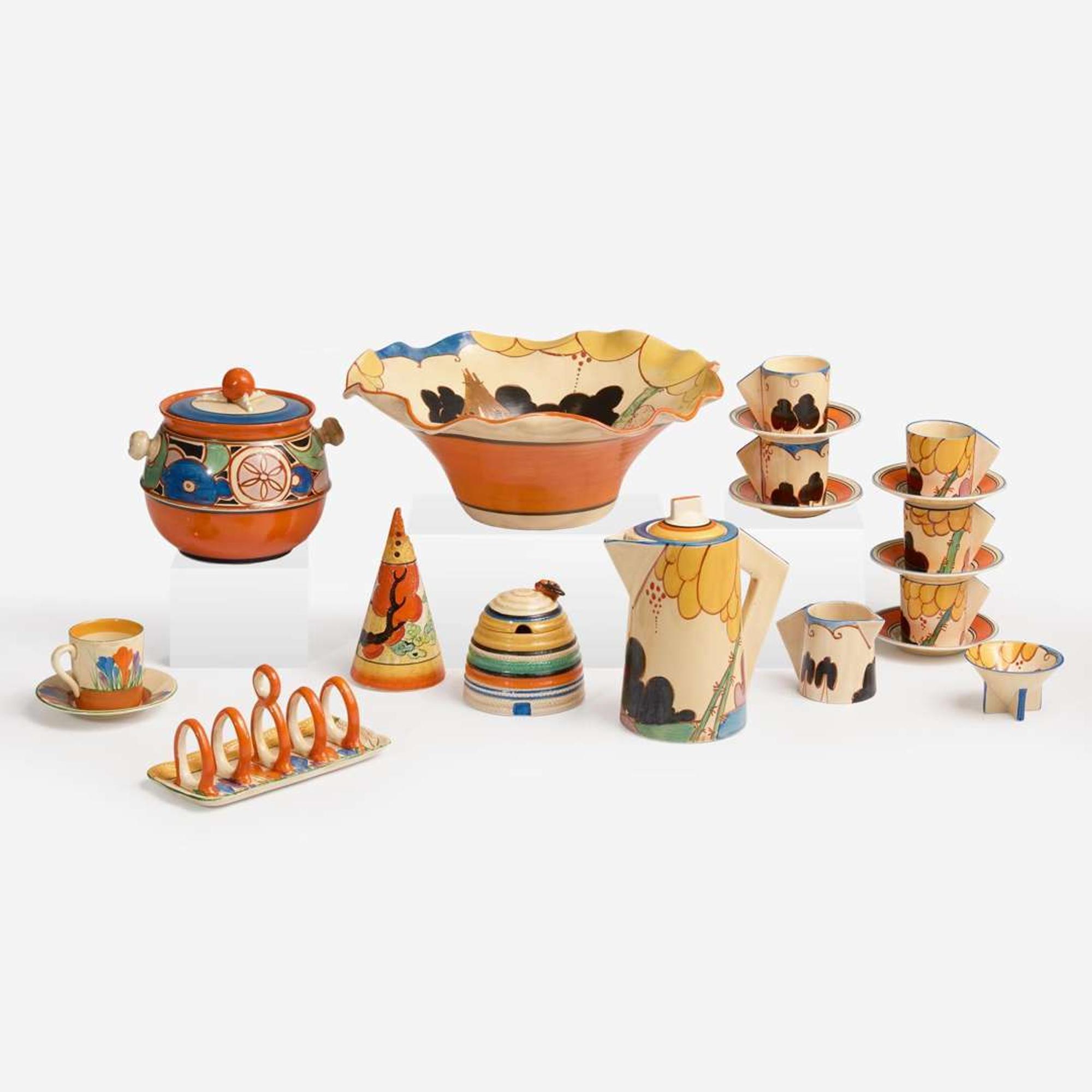 Clarice Cliff (English, 1899-1972) Group of "Bizarre" and "Fantasque" Art Deco Pottery, England, 1930s